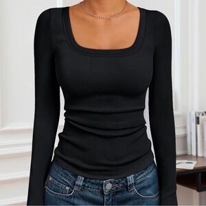 Women's Ribbed Scoop Neck Long Sleeve Tee - Slim Fit Stretch Knit Top